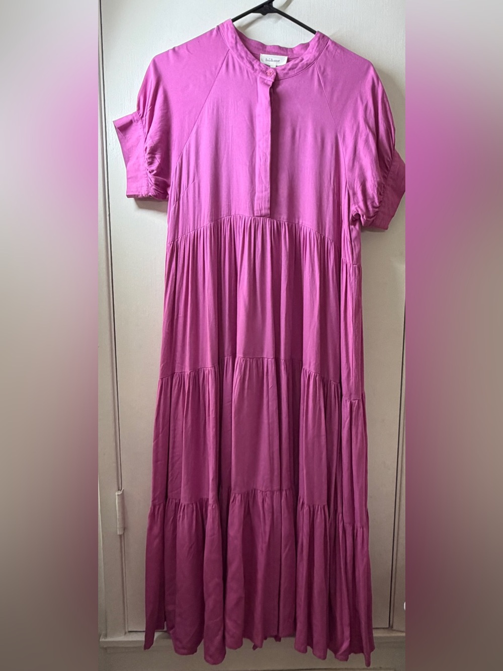 Bohme Amanda Tiered Ruffle Buttoned Neckline Short Sleeve Purple Midi Dress M